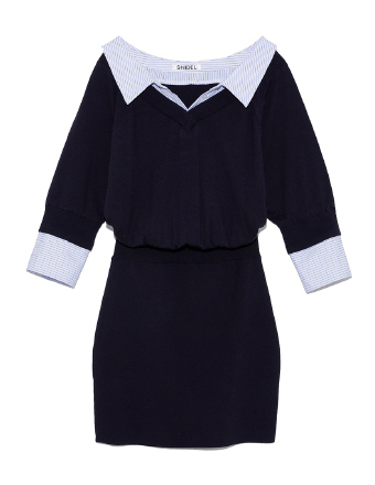Off-Shoulder Shirt Combination Knit Dress Navy blue